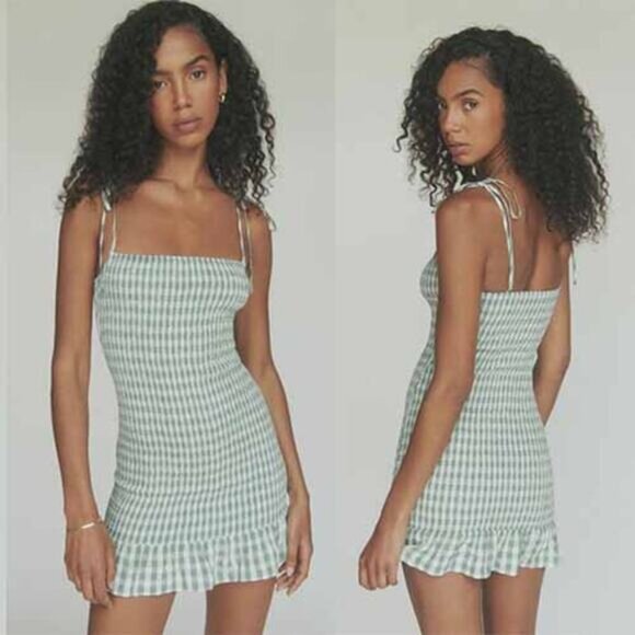 NWT Reformation Gemini Check Tie Strap Ruffle Hem Smocked Mini Dress Green